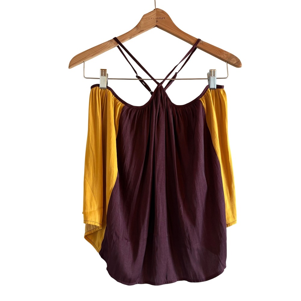 Banana Republic Womens Colorblock Cold Shoulder Halter Top Burgundy Yellow S NEW - Picture 2 of 10